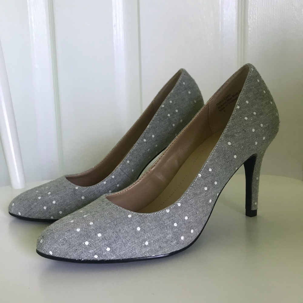 Grey and white polka dot heels